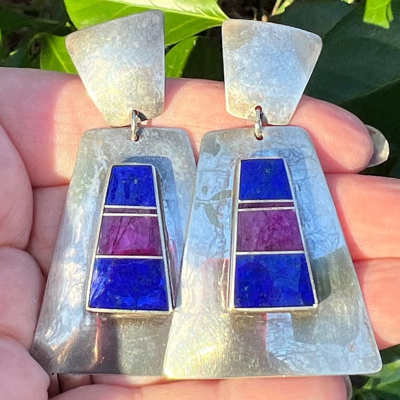 VINTAGE NAVAJO NATIVE AMERICAN SUGILITE LAPIS HUGE DROP DANGLE EARRINGS 925 SS